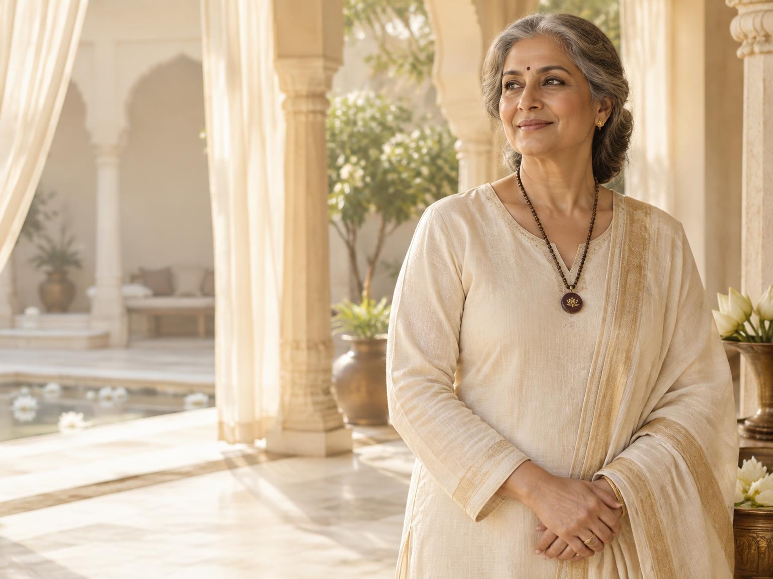 A woman in an ivory kurta wearing the svaraa pendant in a sunlit courtyard